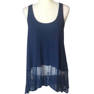 BOUTIQUE- LACE HEMMED TANK TOP IN BLUE, ROUND NECKLINE